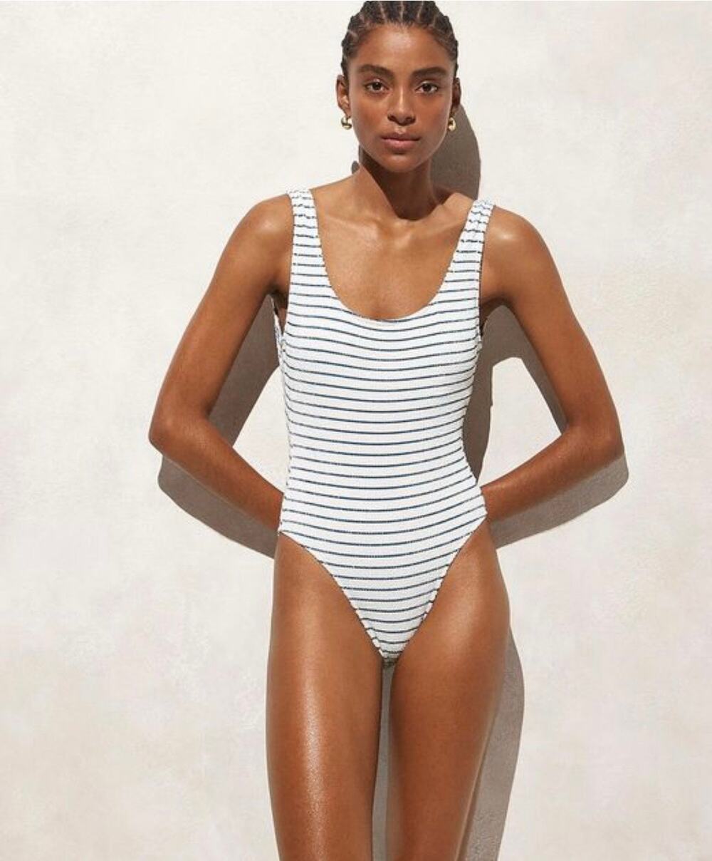 J.Crew Claudia Scrunchie One-Piece Swimsuit Sz 8 Striped Blue White Smocked NWT